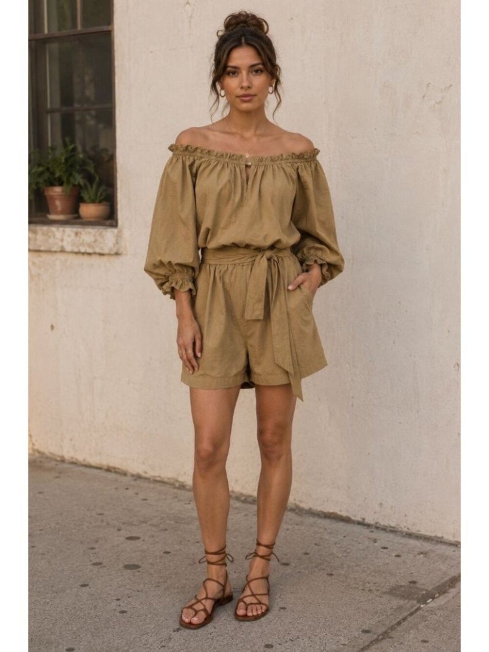 Lauren Ralph Lauren Off-the-Shoulder Cotton Broadcloth Romper Camel 16 Safari
